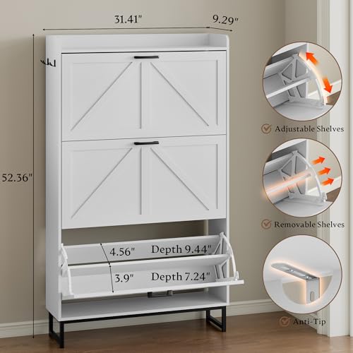 BORNOON-Shoe-Cabinet-with-3-Flip-Drawers-Narrow-Shoe-Storage-Cabinet-Organizer-Wooden-Freestanding-Shoe-Rack-Hidden-Slim-Shoes-Storage-Cabinet-for-Entryway-Hallway-Living-Room-Bedroom