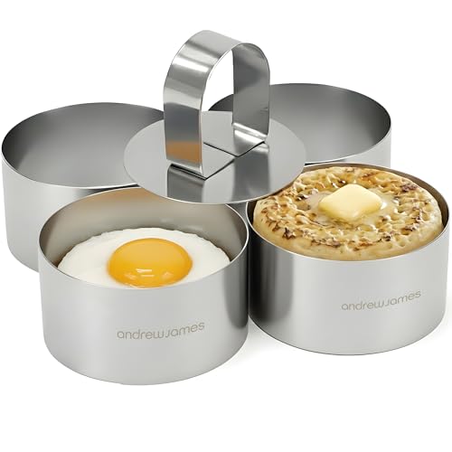 Andrew James Cooking Rings | Set of 4 Stainless Steel Cake Rings for Moulding & Presentation | Egg Rings Set Includes Food Press | Food Moulds for Freezer, Oven & Dishwasher Safe (4cm x 9cm)