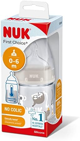 NUK First Choice+ Baby Bottle| 0-6 Months | Temperature Control | Anti Colic Vent | 150 ml | BPA-Free | Silicone Teat | Safari (Beige)