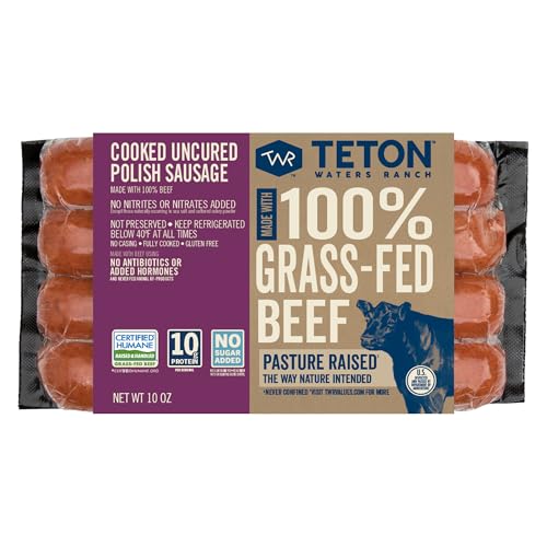 Teton Waters Ranch 100% Grass-Fed Beef Polish Sausage Links, Cooked Uncured Smoked Sausage, No Sugar Added, Certified Humane - 10oz