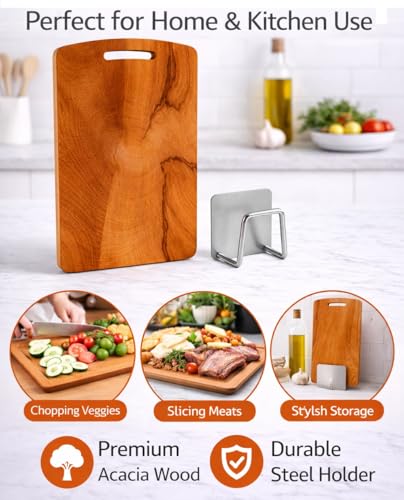 Image of Wooden Chopping Board with Steel Holder for Kitchen (33 X 23 Cm-Durable & Easy to Clean) Premium Solid Wood Cutting Board, Knife Friendly Multipurpose for Vegetable, Meat, Bread & Fruits