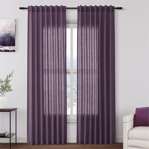 Image of Nanspring Plum Linen Curtains 84 Inch Length 2 Panels Set for Living Room Rod Pocket Back Tab Light Filtering Window Drapes for Bedroom Dining Room Protect Privacy Country Farmhouse Decor 52x84