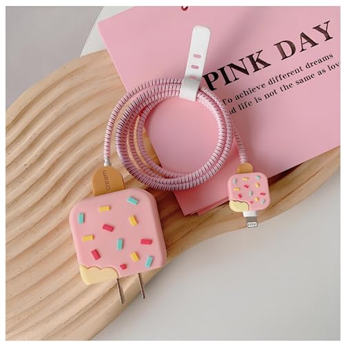 Image of Cable Protector with 3D Cute Pattern for iPhone Charger only18W & 20W | Data Line Wire Saver Charger Protective Cable Full Protection Set of-1 (Pink ICE Cream)
