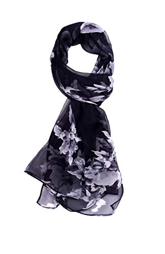 Women's 100% Chiffon Scarf Neck Fashionable Printing Country Style Lightweight Scarves For Ladies And Girls (Black) #TOP2