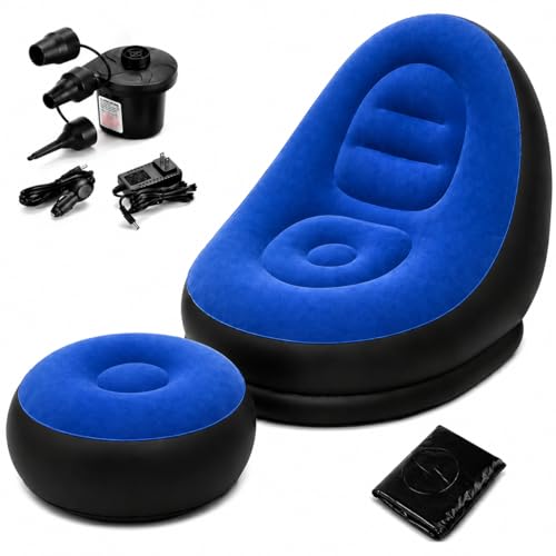 Image of Inflatable Lounge Chair for Adults with Ottoman, Foldable Air Sofa Couch, Portable Blow Up Chair for Living Room Bedroom, Comfortable Indoor Seating, 150 kg Capacity (Blue)
