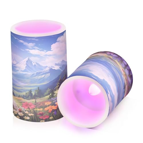 ALAZA Spring Moutain Flowers Landscape Flickering Flameless Candles Battery Operated with Remote Timer,Tea Light Candles LED Pillar Votive Candles Set of 2 for Outdoor Indoor Decorations