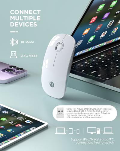Bluetooth Wireless Mouse - (BT5.1+USB) Slim Dual Mode Computer Mice with Quiet Click, Low Power, and 1600 DPI, Portable Cordless for MacBook, Laptop, iPad Pro/Air, Chromebook (White) - Image 3