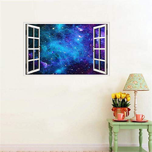 Galaxy Wall Sticker 3D Cosmic Stars Fake Window Wall Decal Blue Space Window View Stickers Milky Way Removable Wall Decals For Bedroom #TOP6