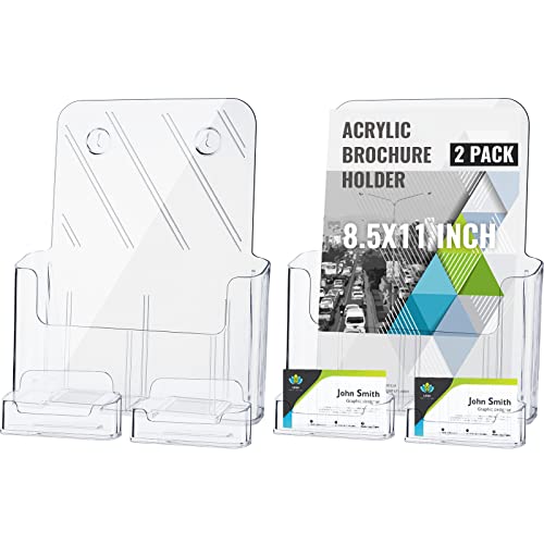 2 Sets 8.5 X 11 Inch Acrylic Brochure Holder With Business Card Holder Bifold Acrylic Literature Holders Half Page Flyer Holder Magazine Pamphlet Booklet Display Holder For Desk Or Wall Mount Display #TOP24