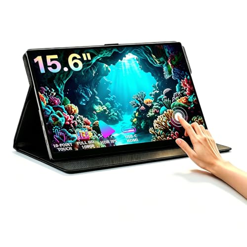 Image of KOOFORWAY 15.6 inch FHD Portable Monitor Touchscreen for Laptop | 10-Point Touch FHD IPS screen with dual speakers, protective case & stand. For Laptop PC Phone Gaming