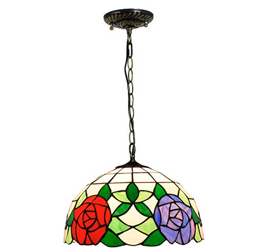 Lámpara Colgante de Techo Estilo Tiffany de 30 cm con vitrales y Rosas Rojas. Ideal para restaurantes, cocinas y cafeterías.