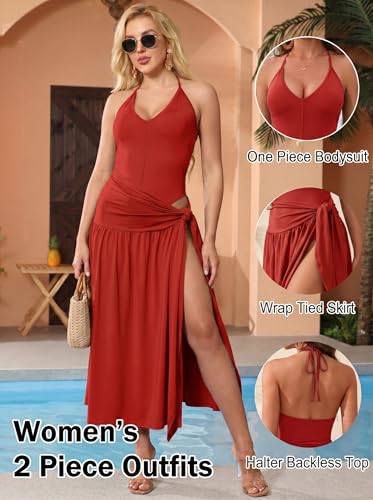 Image of Two Piece Skirt Set Women Sexy Halter Backless Bodysuit and Wrap Tied High Split Summer Maxi Skirt Set