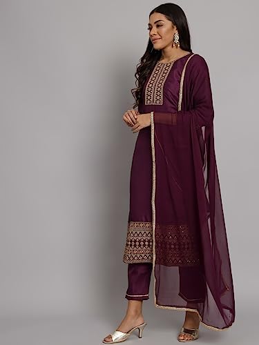 Image of VredeVogel Women's Silk Blend Embroidered Kurta with Pant & Nazneen Dupatta Set