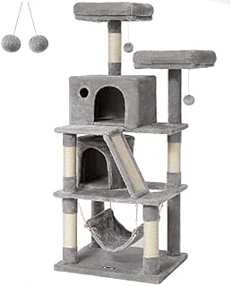 FEANDREA Cat Tree, Cat Condo with 2 Cat Caves, 155 cm, Light Grey PCT163W01