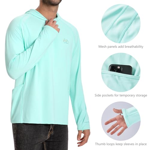 Image of Men's UPF 50+ Hoodie Shirt Long Sleeve Permanent UV Sun Protection Vented Tee Performance for Outdoor Hiking Fishing