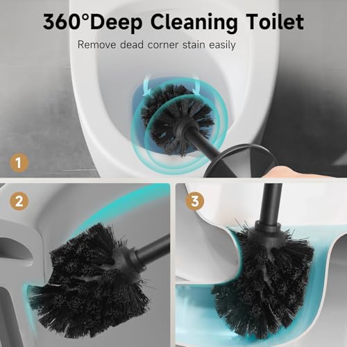 Image of Black Toilet Brush and Holder,Extra Long Handled Toilet Brush for Bathroom,Stainless Steel Heavy Duty Toilet Bowl Brush,Deep Cleaning Modern Toilet Cleaner Brush -Space Saving