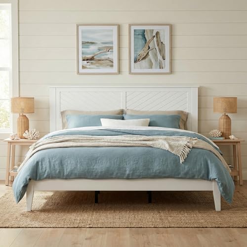 ComfIQ Solid Wood Platform Bed with Wooden Slats – Durable Frame, No Box Spring Required, Ample Underbed Storage, White, King, Bed and Chevron Headboard