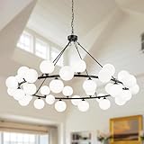 60 Inch Extra Large Chandelier, Modern Farmhouse Dining Room Light Fxiture 36-Light Round Foyer Chandeliers for High Ceilings Glass Ball Shade Black and White Wagon Wheel Entryway Lighting Living Room