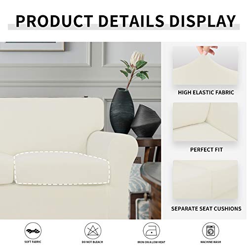 Image of Easy-Going 4 Pieces Stretch Sofa Cover for 3 Cushion Couch Washable | Sofa Slipcover for Stretch 3 Separate Sectional Cushion Couch - Furniture Protector for Pets, Kids Beige