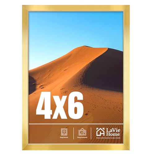 LaVie Home 4x6 Picture Frame for Wall Display, 4x6 Gold Picture Frame with HD Plexiglas, 4 x 6 Matted Frame 1 Pack, Display Frame for Vertical or Horizontal, Classic Collection