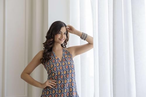 Image of Women's Printed Halter Neck Kurti Top | Sleeveless V-Neck Short Tunic with Back Tie-Up | Casual Ethnic & Summer Wear