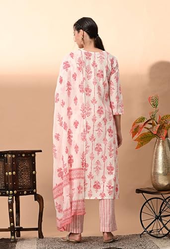 Image of Amazon Brand - Tavasya Women Cotton Anarkali Kurta Pant Dupatta Set | Printed Ethnic Suit Set | Flared Anarkali Kurta with Pant & Dupatta | Festive & Casual Wear