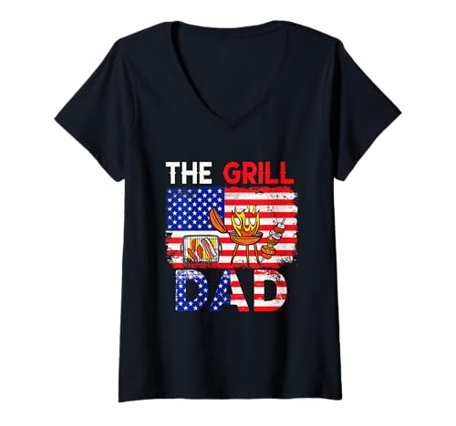 Mujer Disfraz vintage de papá con la bandera americana de The Grill para asar a la parrilla Camiseta Cuello V