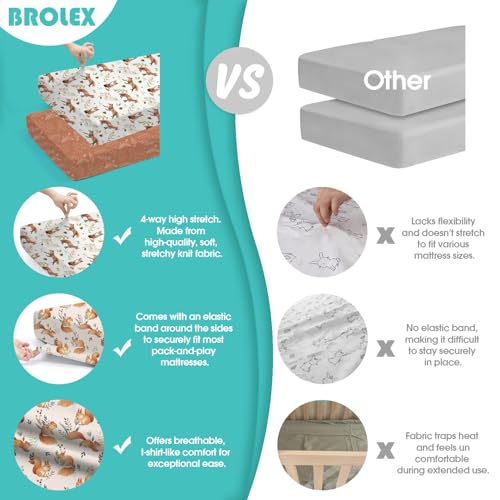 Image of Pack n Play Sheets, BROLEX 2 Pack Mini Crib Sheets,Stretchy Portable Fitted Playard Sheet Set, Convertible Playard Mattress Cover,Ultra Soft Breathable Material,Fox&Foliage