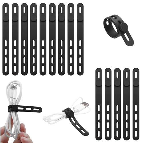 AMIELLICO 15 PCS Silicone Reusable Cable Ties, Elastic Cable Organizer with Locking Buckle for Cable Management, Home Office Travel, Black