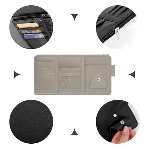 Image of Car Visor Organizer with Sunglass Holder,Multi-Functional Car Sun Visor Organizer with Zipper for Cards,Money,Tickets,Leather Interior Accessories (Gray)