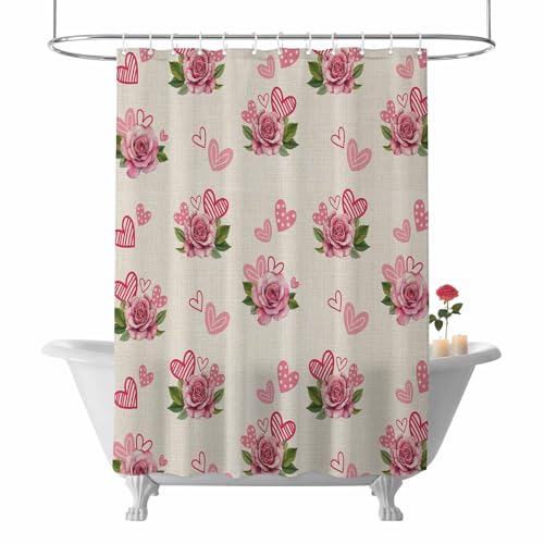 Kryntracorl Shower Curtain Valentine's Day Pink Roses Hearts Linen Waterproof Washable Shower Curtains with Hooks, Soft Bath Curtains for Bathroom Hotel Decoration 36" W x 72" L