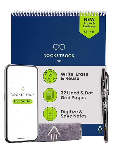 Rocketbook Flip �ė��p�\ �X�}�[�g������ ��Ԃ��m�[�g ���^�[�T�C�Y 8.5 x 11 �l�C�r�[�u���[ - �r���Ɠ_���̃y�[�W �A�v���ڑ� �����\ �E�����⍶�����ɍœK