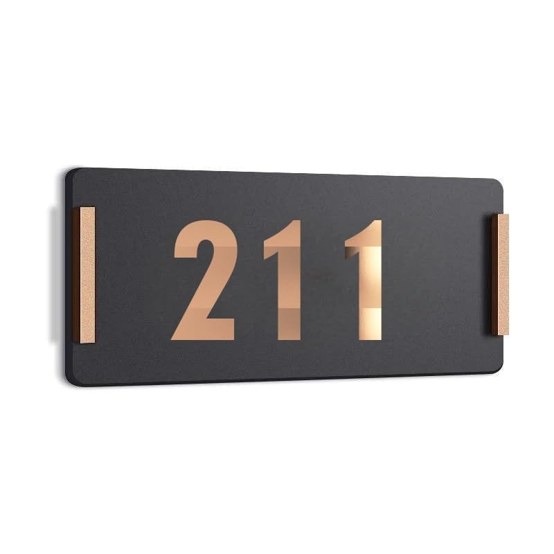 Image of HOTEL ROOM NUMBER PLATES - 211| Black acrylic board fixed mirror gold number | Easy installation type double sided tape fixed on backside