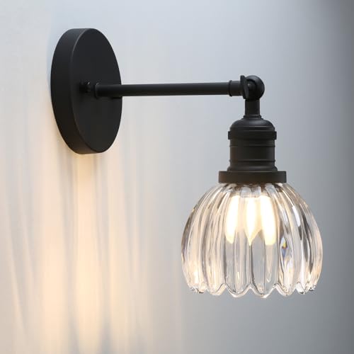 Image of Pathson Adjustable Wall Sconce Lamp with Tulip Thick Glass, Hardwired Bathroom Sconce Matte Black Wall Vanity Light Fixture for Living Room Farmhouse Bedside Lighting