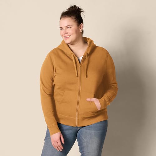 Amazon Essentials Damen Kapuzenpullover aus French-Terry-Fleece mit durchgehendem Reißverschluss (Erhältlich in Übergröße), Dunkles Kamel, L