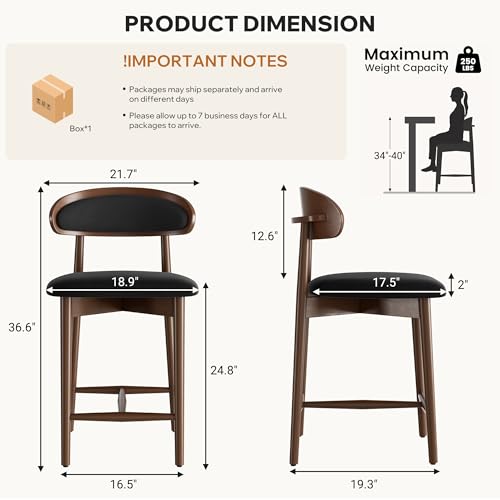 Image of Wooden Bar Stools Set of 2, Upholstered Counter Height Bar Stools, Mid Century Modern Counter Stools with Wood Legs for Kitchen Island, Black
