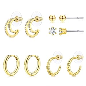 Earring Sets for Multiple Piercing 14k Gold Plated Hoop and Studs Earrings Set Hypoallergenic Small CZ Earrings Sets for Women 4/5 Pairs