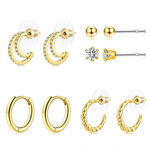 Earring-Sets-for-Multiple-Piercing-14k-Gold-Plated-Hoop-and-Studs-Earrings-Set-Hypoallergenic-Small-CZ-Earrings-Sets-for-Women-45-Pairs 4192TrAF BL
