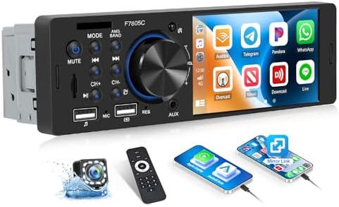 OiLiehu Single Din Car Stereo with Wired CarPlay Android Auto, 4" Car Radio with Touchscreen, MP5 Multimedia Player with Mirror Link, Bluetooth, FM, USB 2.0, TF-Port, EQ, SWC, AUX-IN, Backup Camera