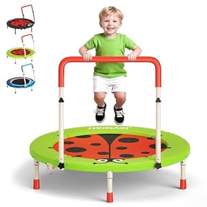 JOY SPOT! Kinder Trampolin Ladybug, Ø 91cm Indoor Mini Trampolin mit Verstellbarer Griff, Faltbare Kindertrampolin bis 45 kg,Sicherheitspolster, sicher & stabil, Outdoor Rebounder für Kleinkind