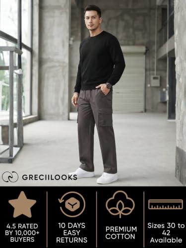 Image of GRECIILOOKS Men's Cargo Pants | 6 Pocket Cotton Cargo Joggers for Men | Loose Fit Stylish Pant with Pockets | Casual Baggy Trousers & Streetwear Lower