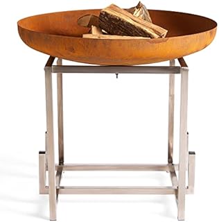 Spinningfield Fire Pit  Corten Steel & Chrome Firepit with Log Storage Space  Outdoor, Garden, Patio Heater/Burner for Wood & Charcoal  Modern Round Bowl Shape  Rust Effect