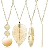 4 PCS Long Pendant Necklaces for Women, Trendy Gold Bar Feather Circle Leaf Chain Necklaces, Boho Style Costume Necklaces Y Simple Long Sweater Chain Adjustable Jewelry Set for Women (Gold)