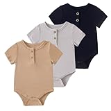 ROMPERINBOX Bamboo Onsies Baby Boy Short Sleeve 3 Pack Baby Bodysuit for Newborn Infant 0-24 Months, Viscose from Bamboo(Navy/Gray/Khaki,9-12 Months)