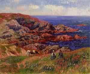 Peinture à l'huile Henri Moret Finistère, grand tableau paysage marin de 1909