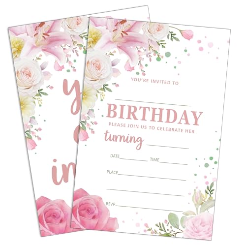 UIBOVA Pink Floral Birthday Invitations, Watercolor Birthday Party Invitations, 20 Spring Party Invites with Envelopes, Teen Girls Boys Birthday Party Supplies Baby Shower Decorations (4" x 6")-A07