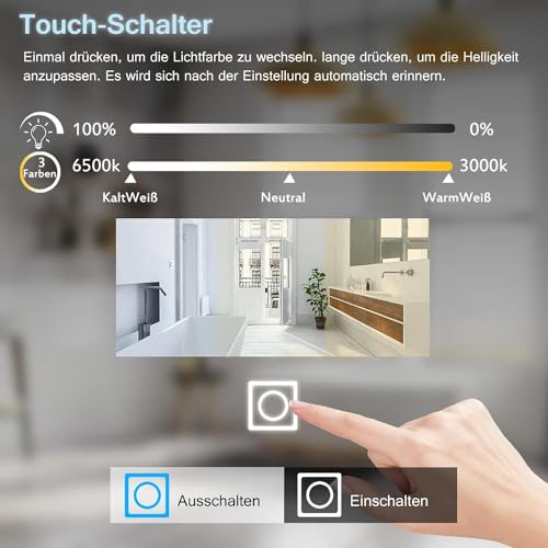 LISA Espejo de baño con luz LED 70 x 50 cm Espejos Decorativos de Pared Grande 700 x 500 mm Regulable con táctil, Blanco cálido/Blanco frío, antiniebla - imagen 5