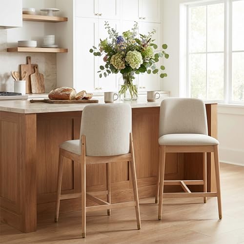 Christopher Knight Home Clara 26.75" H Bar Stools Set of 2, Indoor Wooden Counter Stools with Upholstered Seat, Rubberwood Frame with Footrest for Kitchen Island or Dining Bistro, Beige + Natural by Christopher Knight Home - Used condition - Image 2