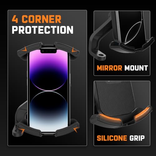 Image of Amkette iGrip Secure X2 Mobile Holder for Bike & Scooty with Mirror Mount, One Press Lock & Unlock, Anti Slip Silicone Grip, 4 Corner Clamping, Compatible with 4.7 inch-7 inch Smartphones, Black