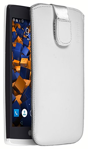 mumbi Borsa in vera pelle compatibile con LG Leon, (Linguetta con funzione di retrazione, supporto estraibile), bianco